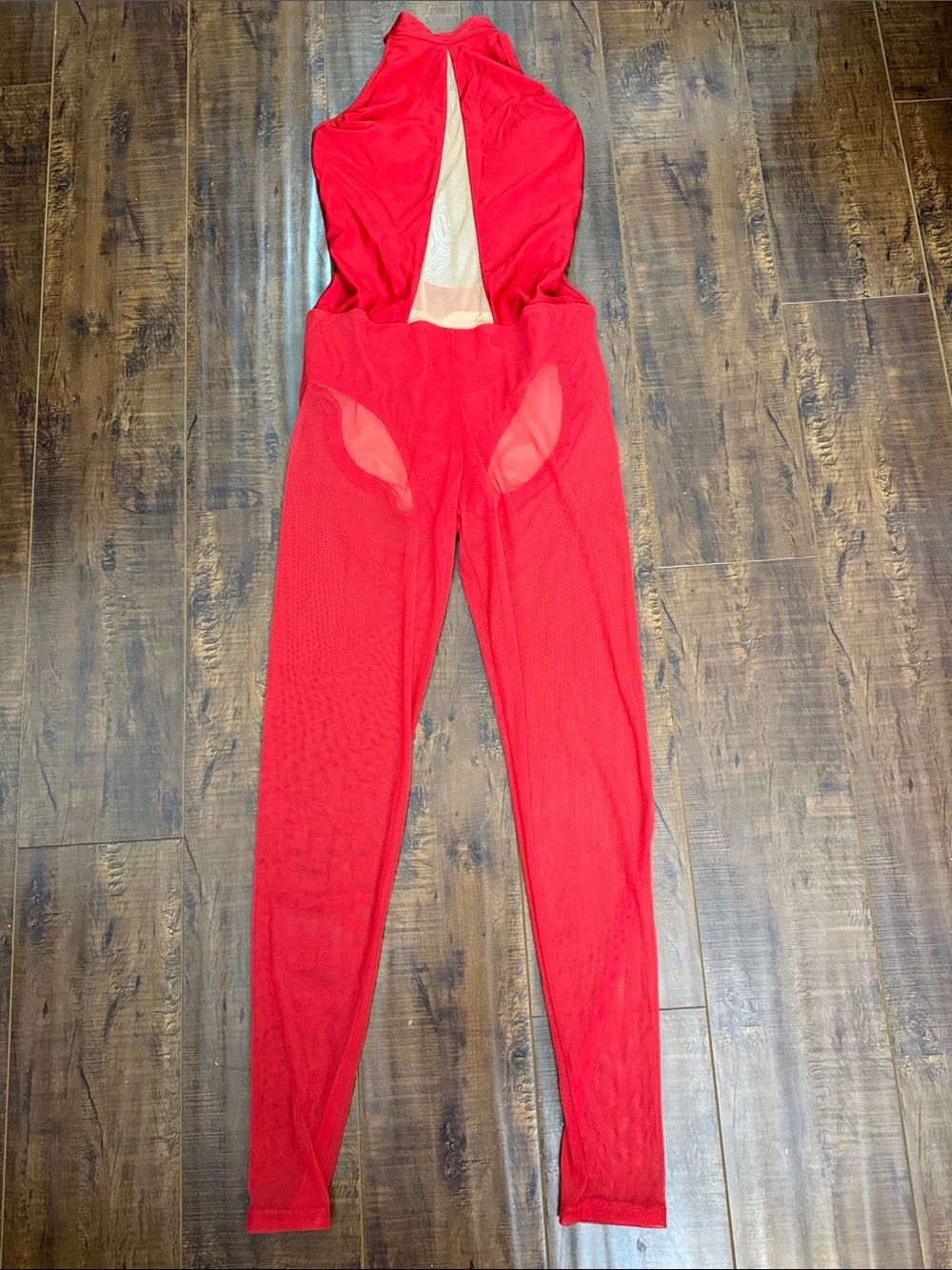Red Mesh Cutout Halter Jumpsuit - Women's Sleek One-Piece